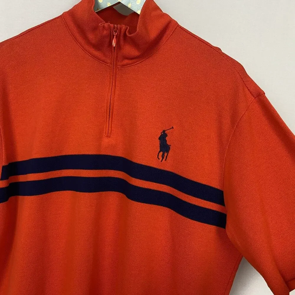 Polo Ralph Lauren Polo Shirt Mens Large Big Pony Quarter Zip Stripe Rugby Orange